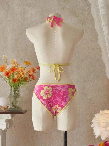 Women'S Summer Beach Festival Print Halter Bikini Set, Casual Vacation Style, Fitted Tank Top and Skirt Three-Piece Suit, Swimwear Sets