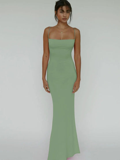 Women'S Solid Knitted Backless Cami Mermaid Bodycon Fit Dress, Adjustable Strap Sleeveless Maxi Dress for Parties, Clubs, Dates and Evening, Ladies Summer Elegance Clothes
