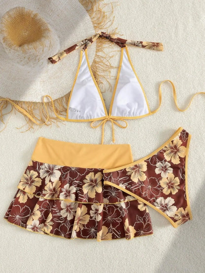 Women'S Summer Beach Festival Print Halter Bikini Set, Casual Vacation Style, Fitted Tank Top and Skirt Three-Piece Suit, Swimwear Sets