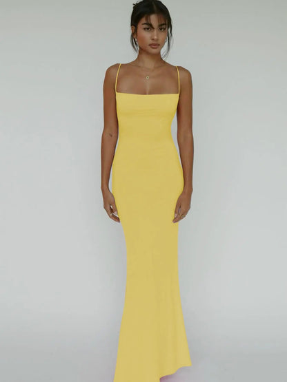 Women'S Solid Knitted Backless Cami Mermaid Bodycon Fit Dress, Adjustable Strap Sleeveless Maxi Dress for Parties, Clubs, Dates and Evening, Ladies Summer Elegance Clothes
