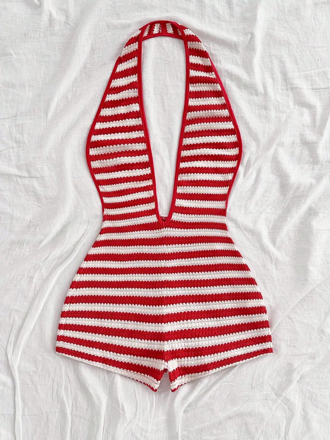 Women'S New Fashion Comfortable Versatile Casual Deep V Neck Halter Striped Vest Jumpsuit Shorts Set, Stylish All-Season Wear, Womenswear
