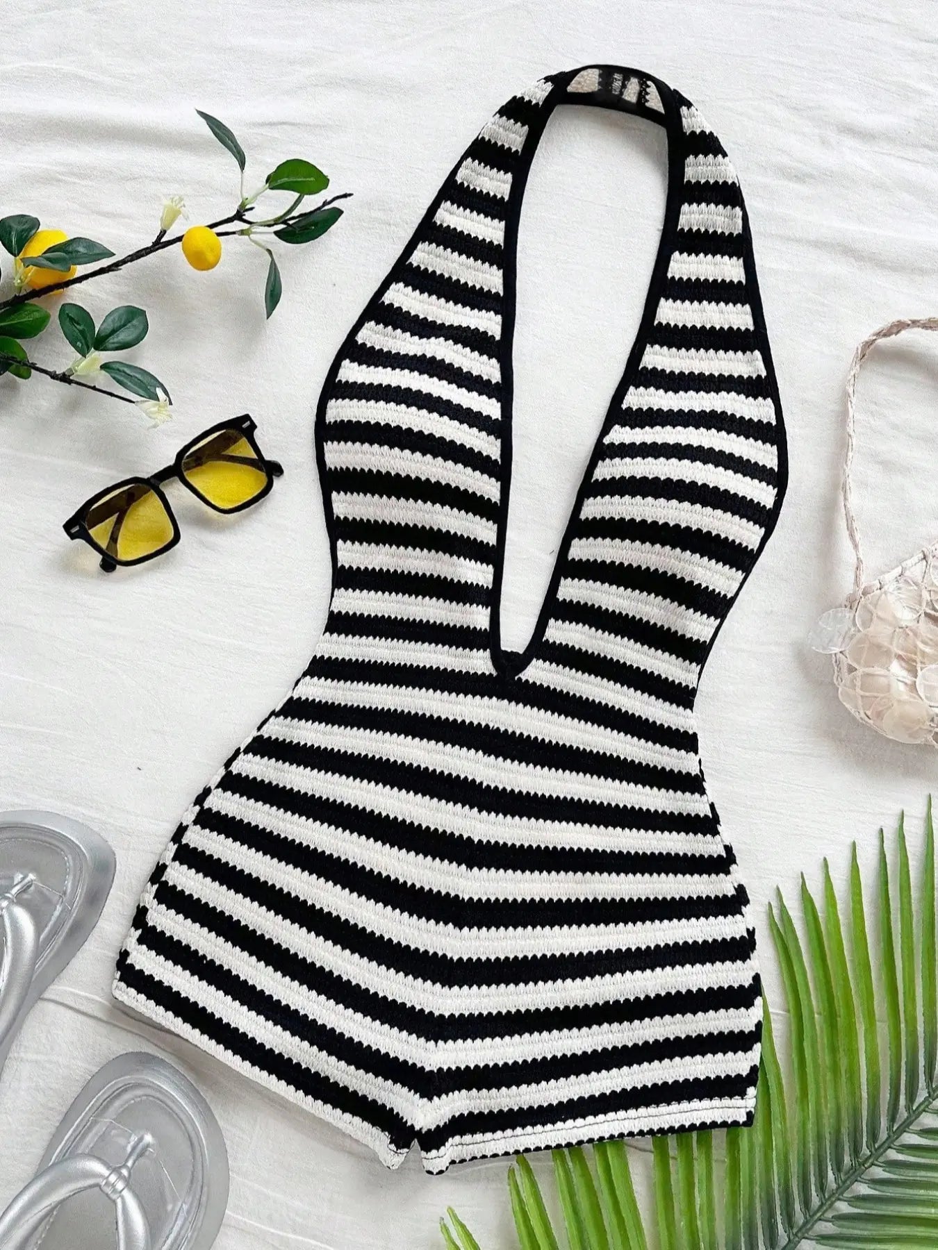 Women'S New Fashion Comfortable Versatile Casual Deep V Neck Halter Striped Vest Jumpsuit Shorts Set, Stylish All-Season Wear, Womenswear