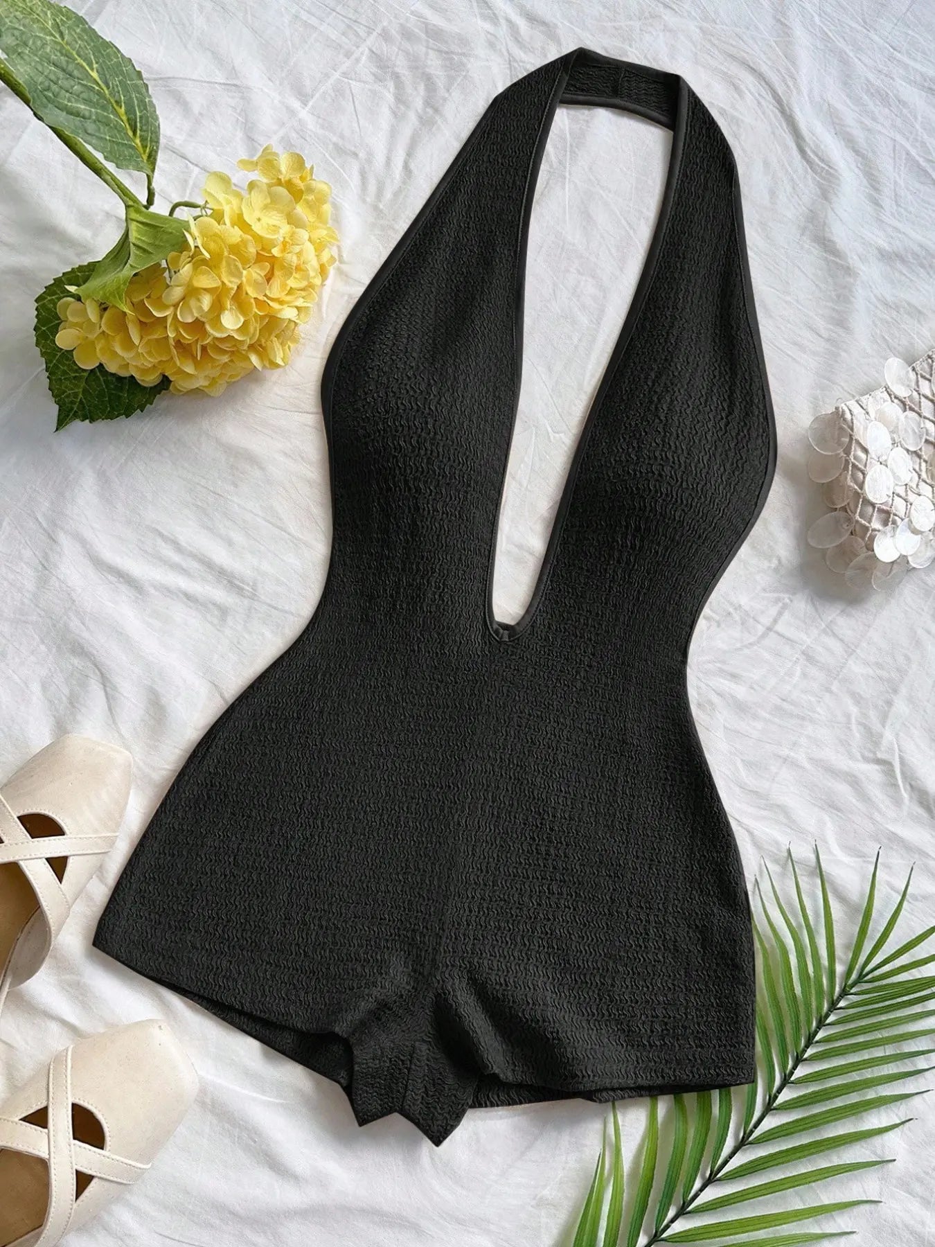 Women'S New Fashion Comfortable Versatile Casual Deep V Neck Halter Striped Vest Jumpsuit Shorts Set, Stylish All-Season Wear, Womenswear