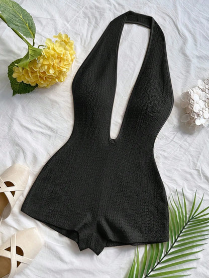 Women'S New Fashion Comfortable Versatile Casual Deep V Neck Halter Striped Vest Jumpsuit Shorts Set, Stylish All-Season Wear, Womenswear
