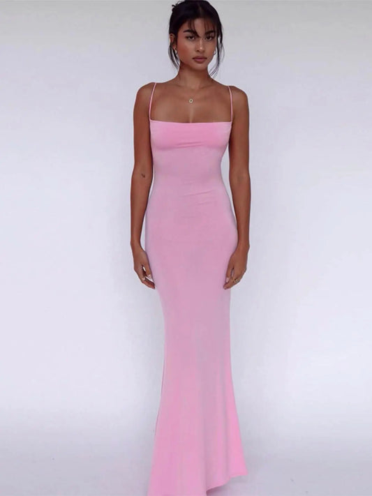 Women'S Solid Knitted Backless Cami Mermaid Bodycon Fit Dress, Adjustable Strap Sleeveless Maxi Dress for Parties, Clubs, Dates and Evening, Ladies Summer Elegance Clothes