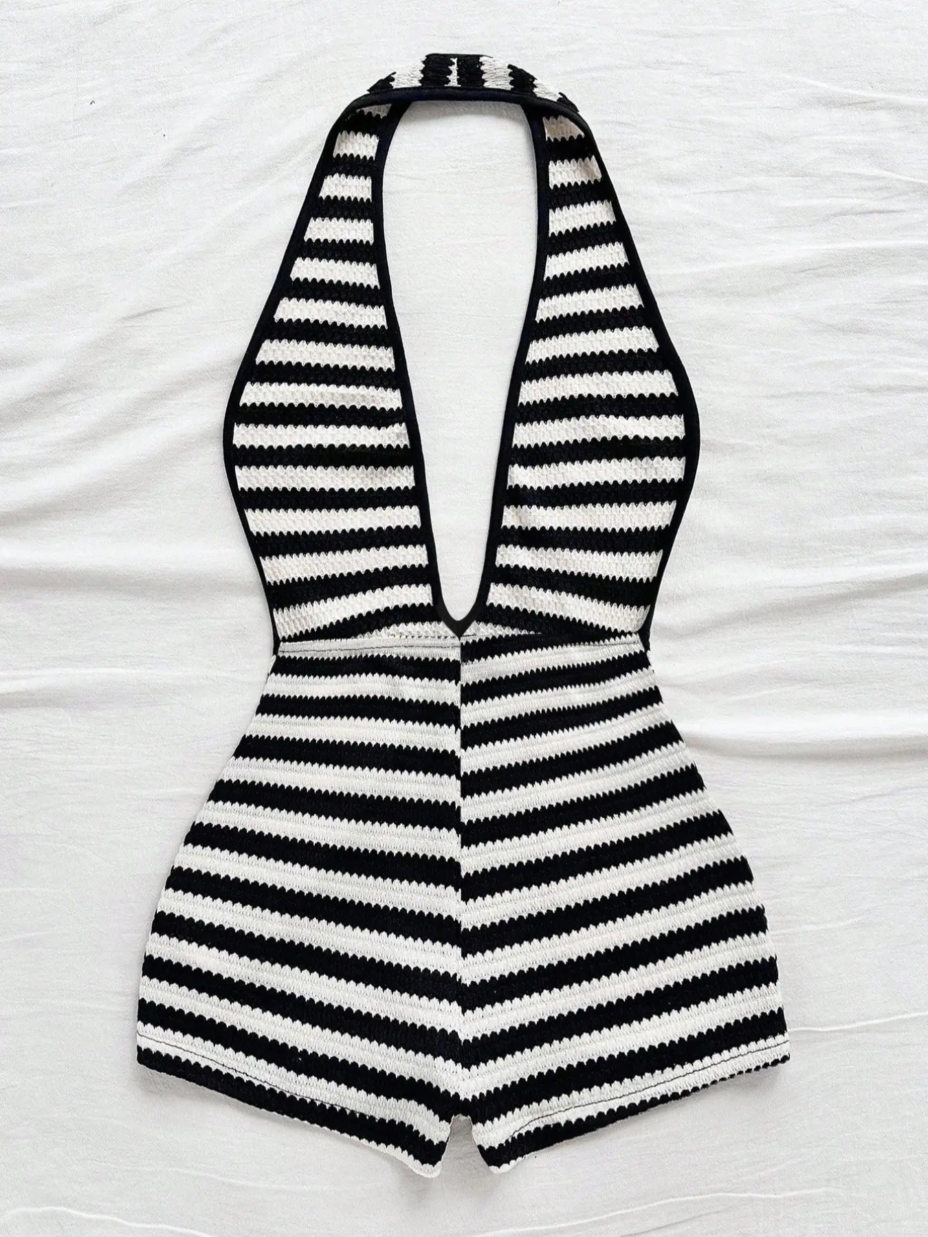 Women'S New Fashion Comfortable Versatile Casual Deep V Neck Halter Striped Vest Jumpsuit Shorts Set, Stylish All-Season Wear, Womenswear