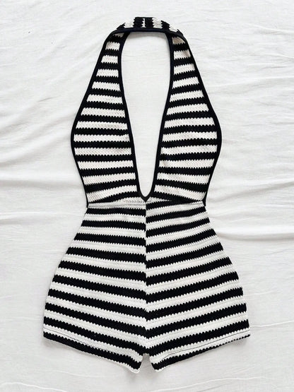 Women'S New Fashion Comfortable Versatile Casual Deep V Neck Halter Striped Vest Jumpsuit Shorts Set, Stylish All-Season Wear, Womenswear