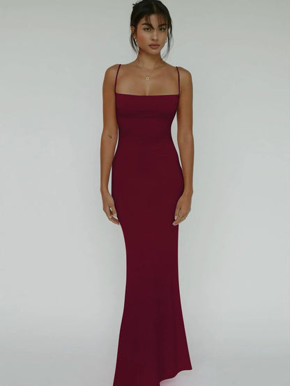 Women'S Solid Knitted Backless Cami Mermaid Bodycon Fit Dress, Adjustable Strap Sleeveless Maxi Dress for Parties, Clubs, Dates and Evening, Ladies Summer Elegance Clothes