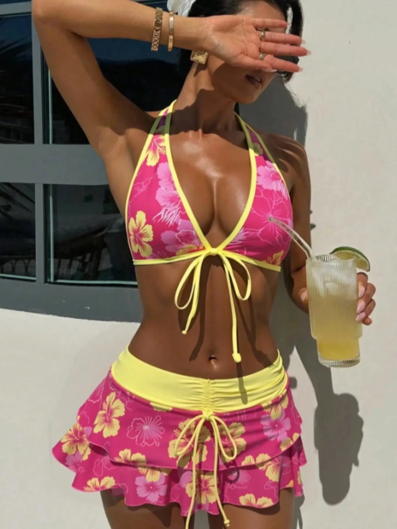 Women'S Summer Beach Festival Print Halter Bikini Set, Casual Vacation Style, Fitted Tank Top and Skirt Three-Piece Suit, Swimwear Sets