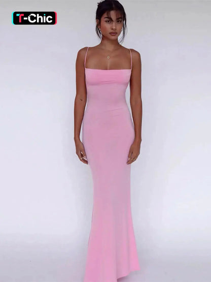 Women'S Solid Knitted Backless Cami Mermaid Bodycon Fit Dress, Adjustable Strap Sleeveless Maxi Dress for Parties, Clubs, Dates and Evening, Ladies Summer Elegance Clothes