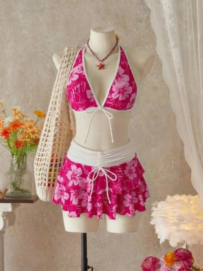 Women'S Summer Beach Festival Print Halter Bikini Set, Casual Vacation Style, Fitted Tank Top and Skirt Three-Piece Suit, Swimwear Sets