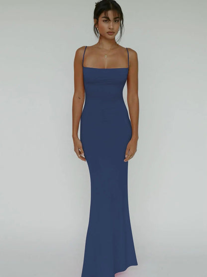 Women'S Solid Knitted Backless Cami Mermaid Bodycon Fit Dress, Adjustable Strap Sleeveless Maxi Dress for Parties, Clubs, Dates and Evening, Ladies Summer Elegance Clothes
