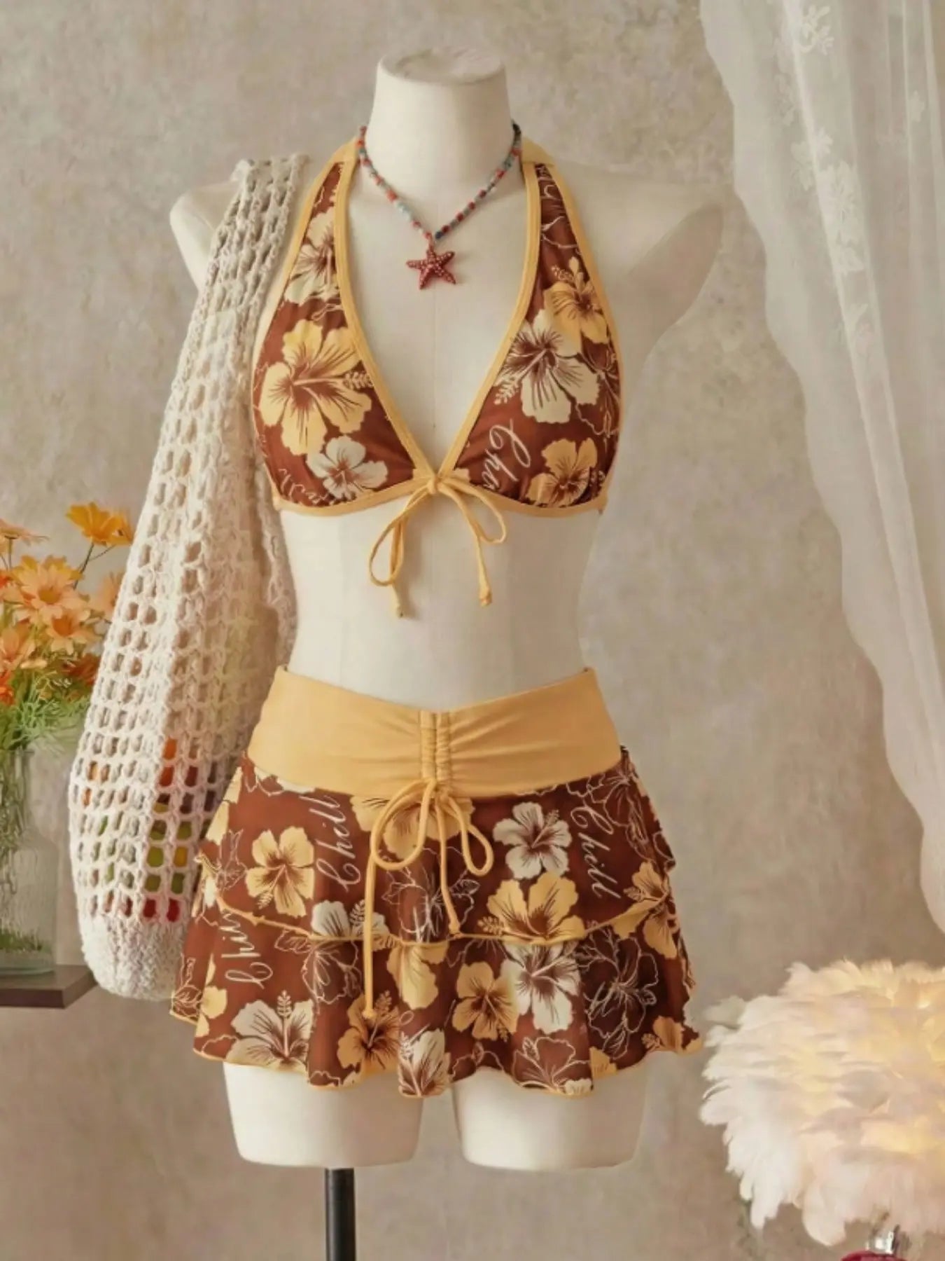 Women'S Summer Beach Festival Print Halter Bikini Set, Casual Vacation Style, Fitted Tank Top and Skirt Three-Piece Suit, Swimwear Sets