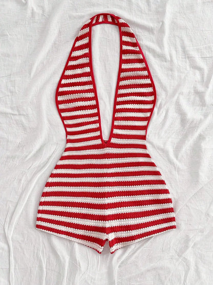 Women'S New Fashion Comfortable Versatile Casual Deep V Neck Halter Striped Vest Jumpsuit Shorts Set, Stylish All-Season Wear, Womenswear