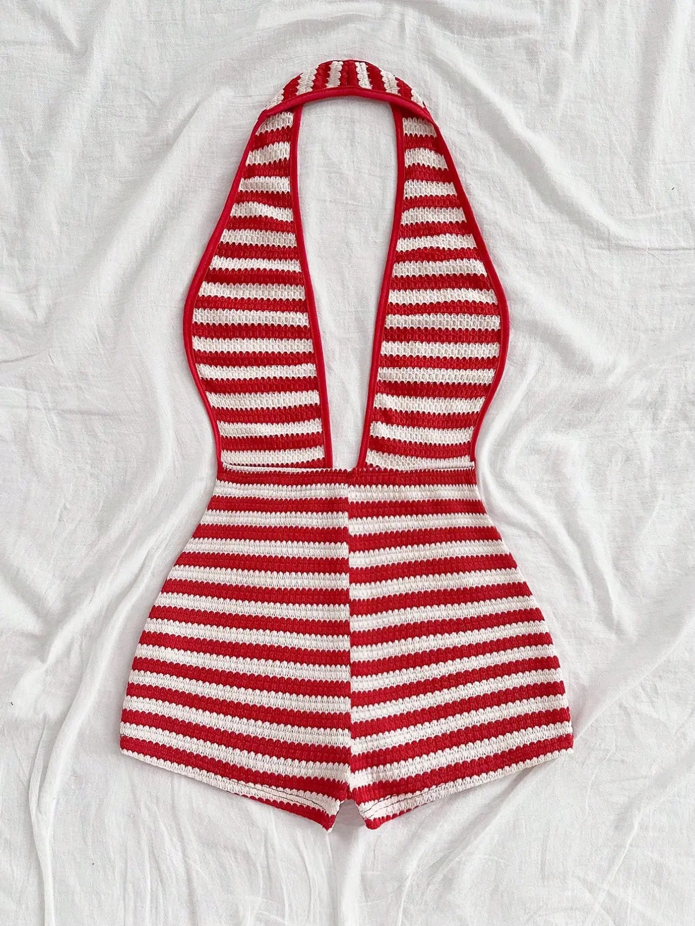 Women'S New Fashion Comfortable Versatile Casual Deep V Neck Halter Striped Vest Jumpsuit Shorts Set, Stylish All-Season Wear, Womenswear