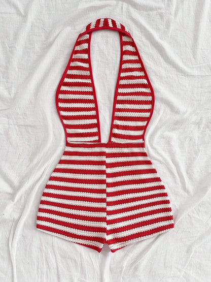Women'S New Fashion Comfortable Versatile Casual Deep V Neck Halter Striped Vest Jumpsuit Shorts Set, Stylish All-Season Wear, Womenswear