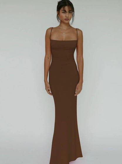 Women'S Solid Knitted Backless Cami Mermaid Bodycon Fit Dress, Adjustable Strap Sleeveless Maxi Dress for Parties, Clubs, Dates and Evening, Ladies Summer Elegance Clothes