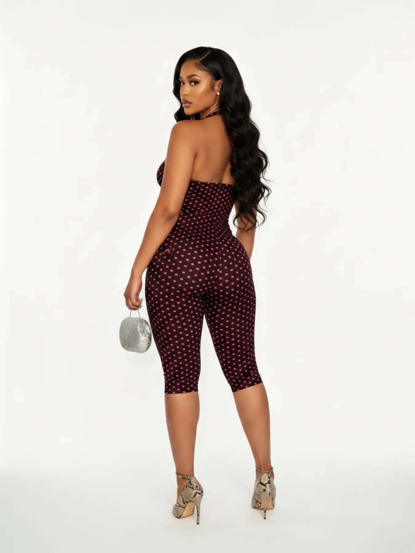 Women'S Polka Dot Sleeveless Halter Bodycon Fit Long Pants, Elegant Retro Chic Style, Perfect for Daily Commute and Dates, Halter Neck Jumpsuit