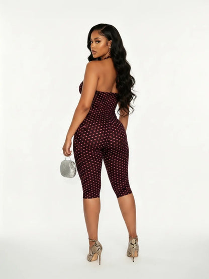 Women'S Polka Dot Sleeveless Halter Bodycon Fit Long Pants, Elegant Retro Chic Style, Perfect for Daily Commute and Dates, Halter Neck Jumpsuit