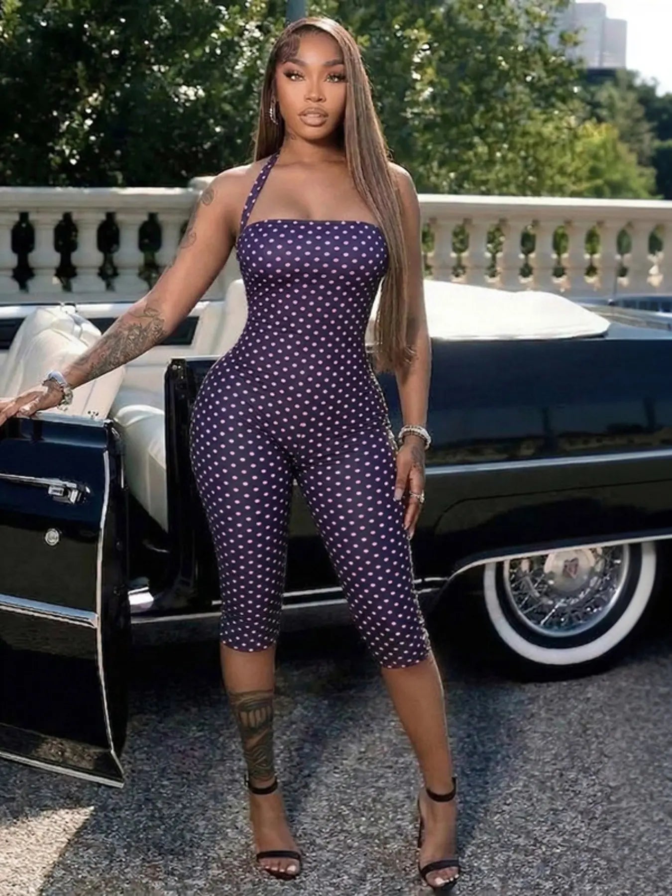 Women'S Polka Dot Sleeveless Halter Bodycon Fit Long Pants, Elegant Retro Chic Style, Perfect for Daily Commute and Dates, Halter Neck Jumpsuit
