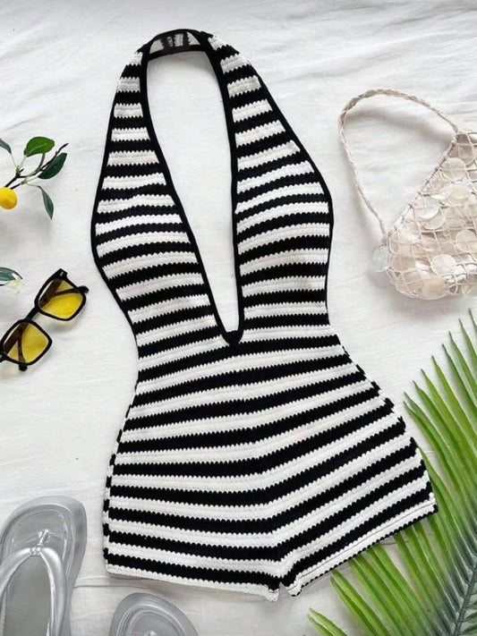 Women'S New Fashion Comfortable Versatile Casual Deep V Neck Halter Striped Vest Jumpsuit Shorts Set, Stylish All-Season Wear, Womenswear