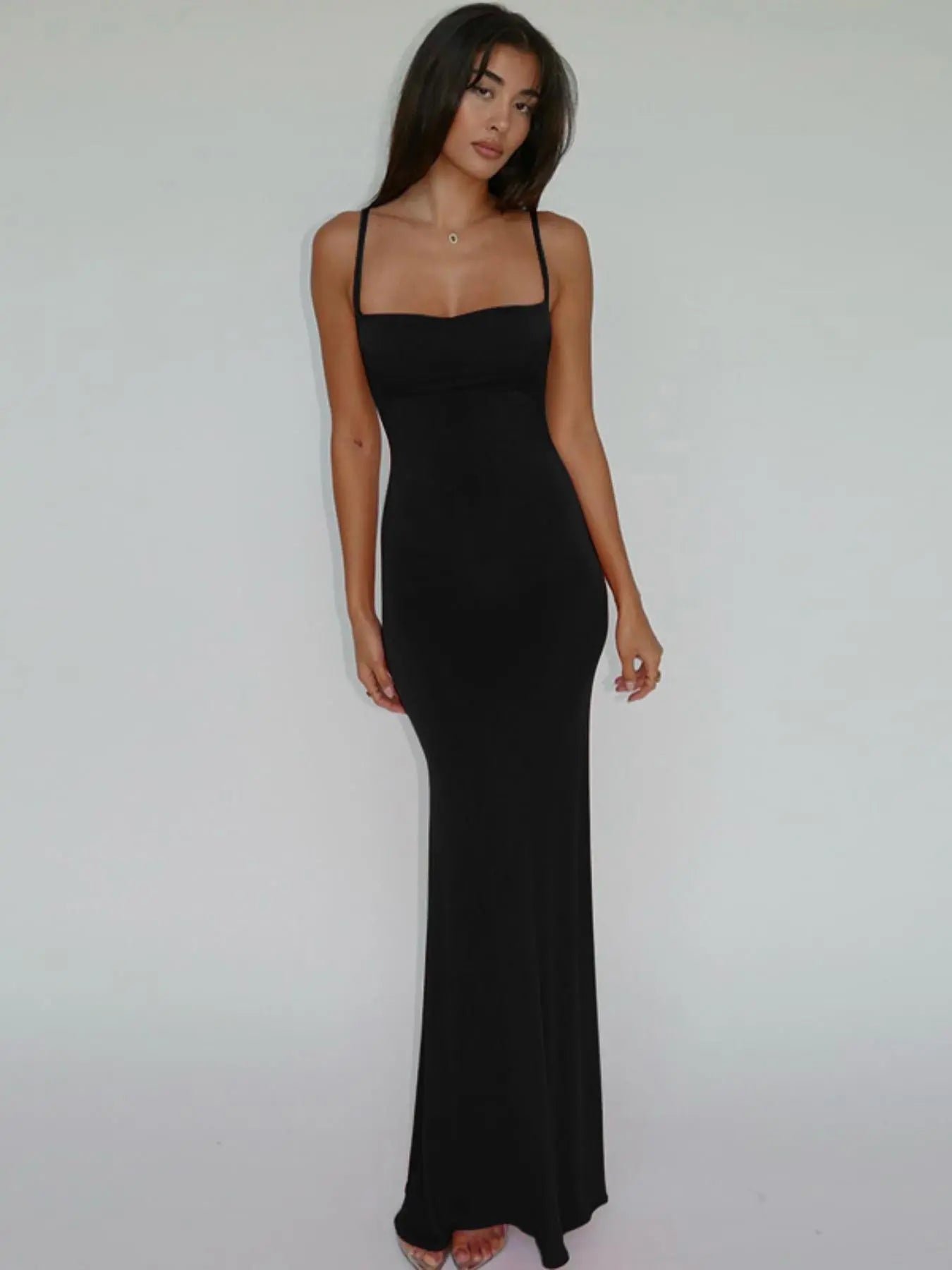 Women'S Solid Knitted Backless Cami Mermaid Bodycon Fit Dress, Adjustable Strap Sleeveless Maxi Dress for Parties, Clubs, Dates and Evening, Ladies Summer Elegance Clothes