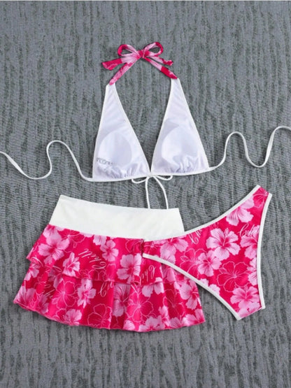 Women'S Summer Beach Festival Print Halter Bikini Set, Casual Vacation Style, Fitted Tank Top and Skirt Three-Piece Suit, Swimwear Sets